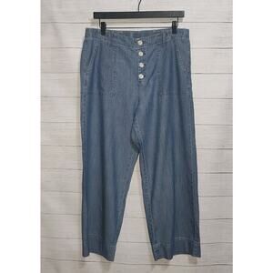 J. Jill Wide Leg Chambray Pants Women Size M Cropped Button Front Coastal